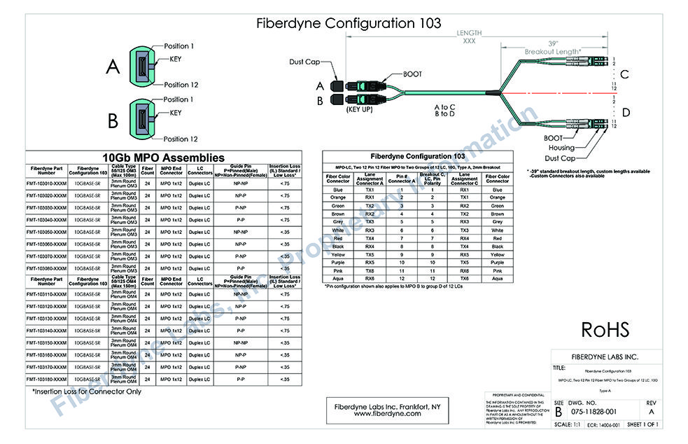 Configuration 103 MPO-LC, Two 12 Pin 12 Fiber to Two groups of 12 LC, 10G, Type A, 2mm Breakout
