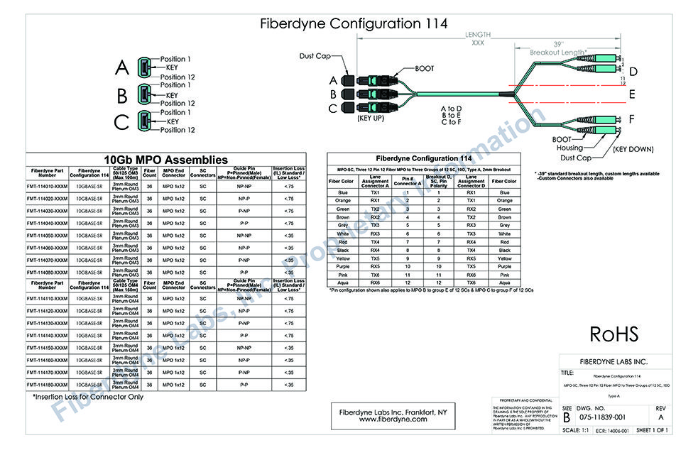 Configuration 114 MPO-SC, Three 12 Pin 12 Fiber to Three groups of 12 SC, 10G, Type A, 2mm Breakout