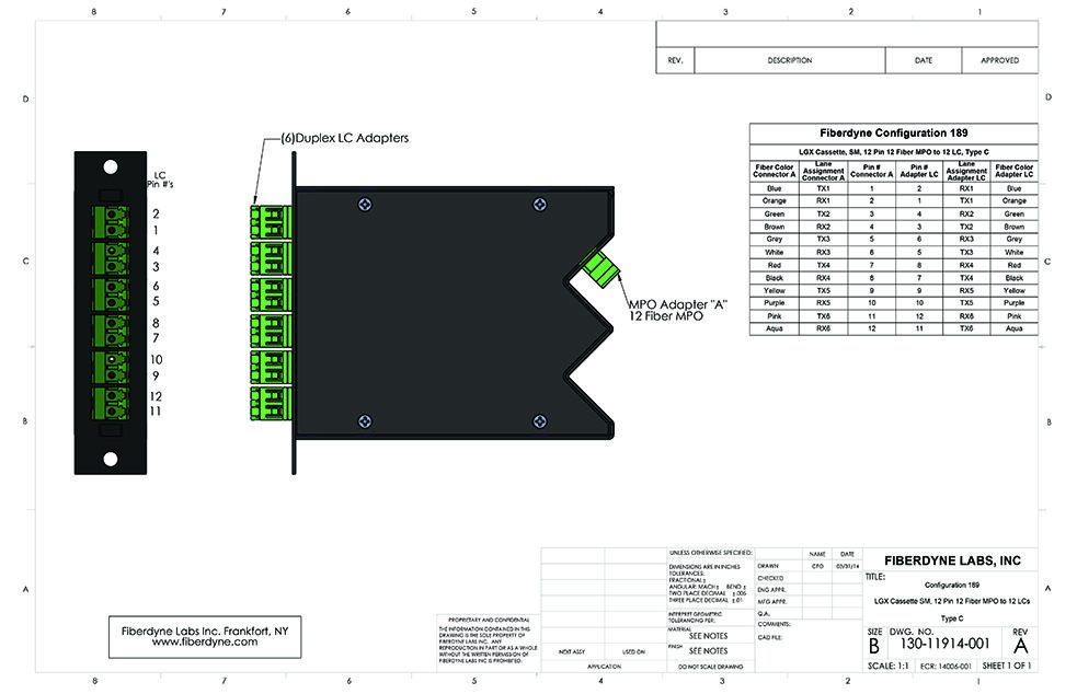 Configuration 189 MPO-LC, SM, LGX Cassette, 12 Pin 12 Fiber to 12 LC, Type C