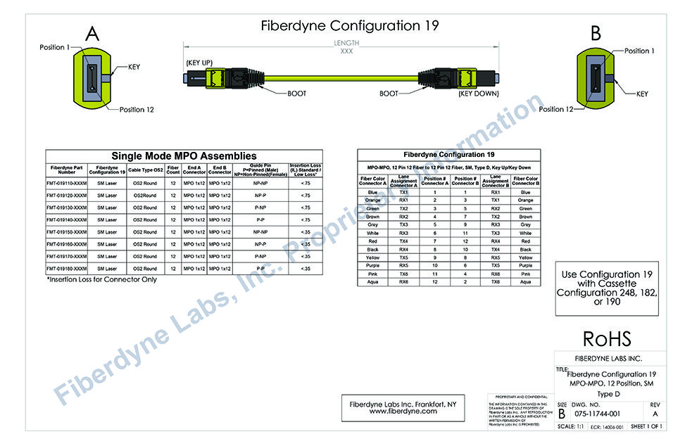 Configuration 19 MPO-MPO, 12 Pin 12 Fiber to 12 Pin 12 Fiber, SM, Type D