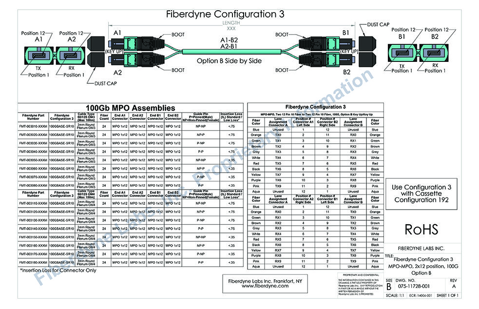 Configuration 3 MPO-MPO, Two 12 Pin 10 Fiber to Two 12 Pin 10 Fiber, 100G, Option B