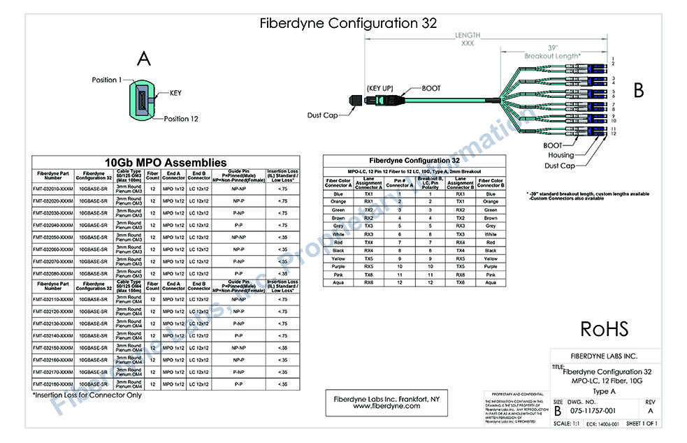 Configuration 32 MPO-LC, 12 Pin 12 Fiber to 12 LC, 10G, Type A, 2mm Breakout