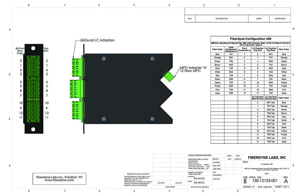 Configuration 389 MPO-LC, Breakout & Optical Tap, SM, LGX Cassette, OS2, 12 Pin 12 Fiber to 12 LC & 12 LC Tap Ports, Type C