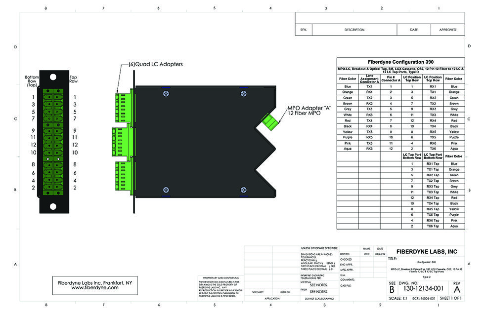 Configuration 390 MPO-LC, Breakout & Optical Tap, SM, LGX Cassette, OS2, 12 Pin 12 Fiber to 12 LC & 12 LC Tap Ports, Type D
