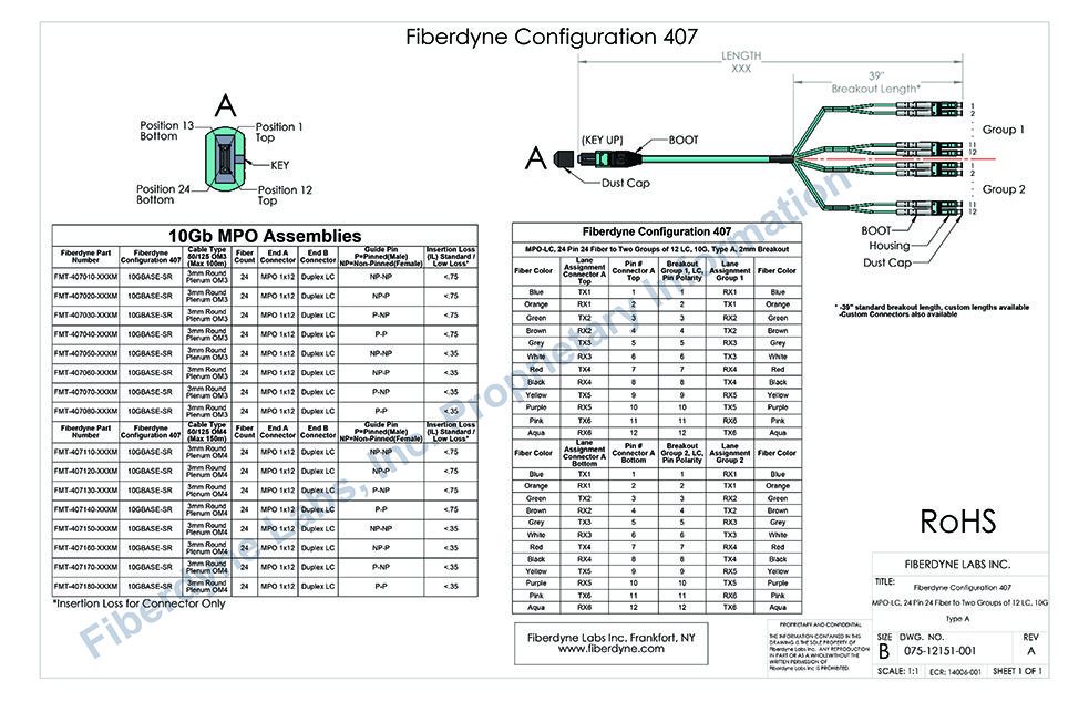 Configuration 407 MPO-LC, 24 Pin 24 Fiber to Two Groups of 12 LC, 10G, Type A, 2mm Breakout