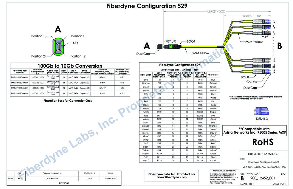 Configuration 529, (Arista Compatible), MPO 24 Pin to LC 24 Fiber SM 100G to 10G