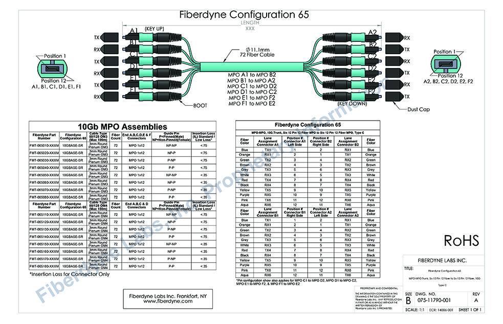 Configuration 65 MPO-MPO, 10G, Trunk, Six 12 Pin 12 Fiber MPO to Six 12 Pin 12 Fiber MPO, Type C